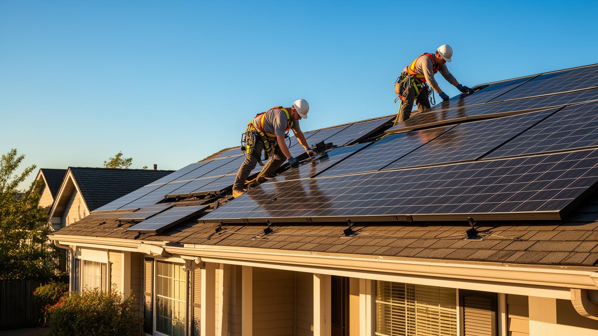 Local solar installation crew working on solar panels on a residential home